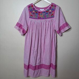 Go Softly Dress Womens Large Pink Embroidered Stripe Patio Dress Pockets MooMoo